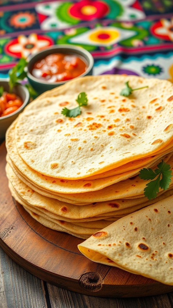 Freshly made corn tortillas stacked on a wooden table with salsa and cilantro.